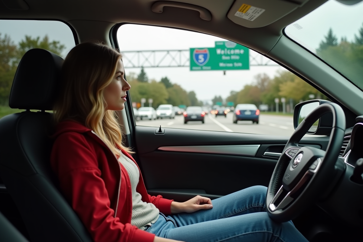 Jeune femme dans sa voiture regardant par la fenêtre