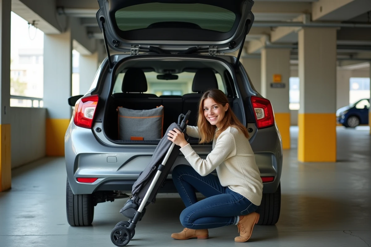 Jeune femme organisant ses affaires dans le coffre d