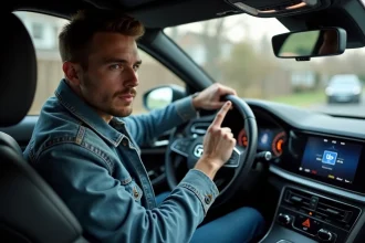 Jeune homme pointant le symbole de liquide de frein sur le tableau de bord
