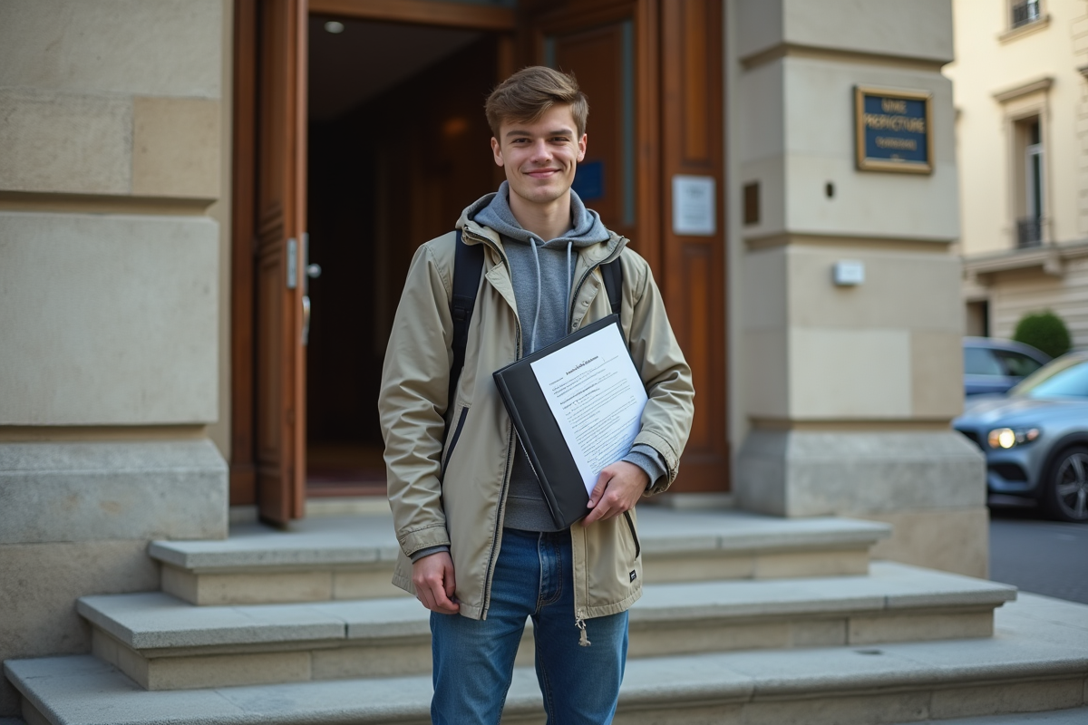 Jeune homme avec dossier de documents devant la préfecture