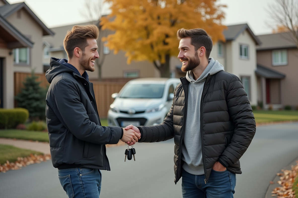 Jeune homme souriant échangeant des clés de voiture dans la rue