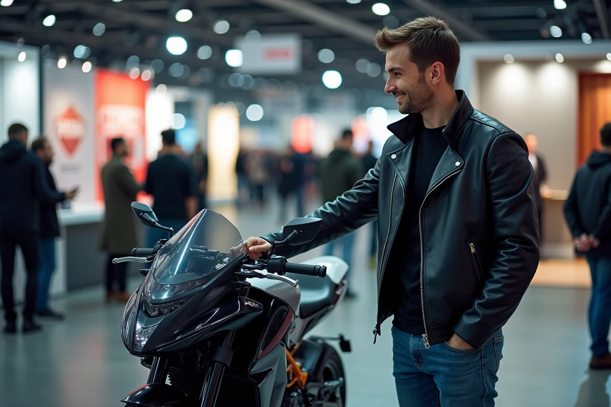 Jeune homme souriant devant une moto futuriste à l'expo