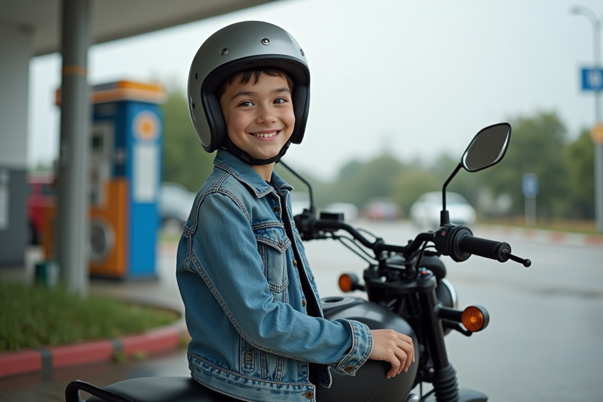 Jeune garçon souriant avec casque et veste en jean à côté d'une moto