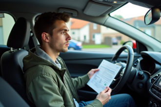 Jeune homme avec permis de conduire dans une voiture