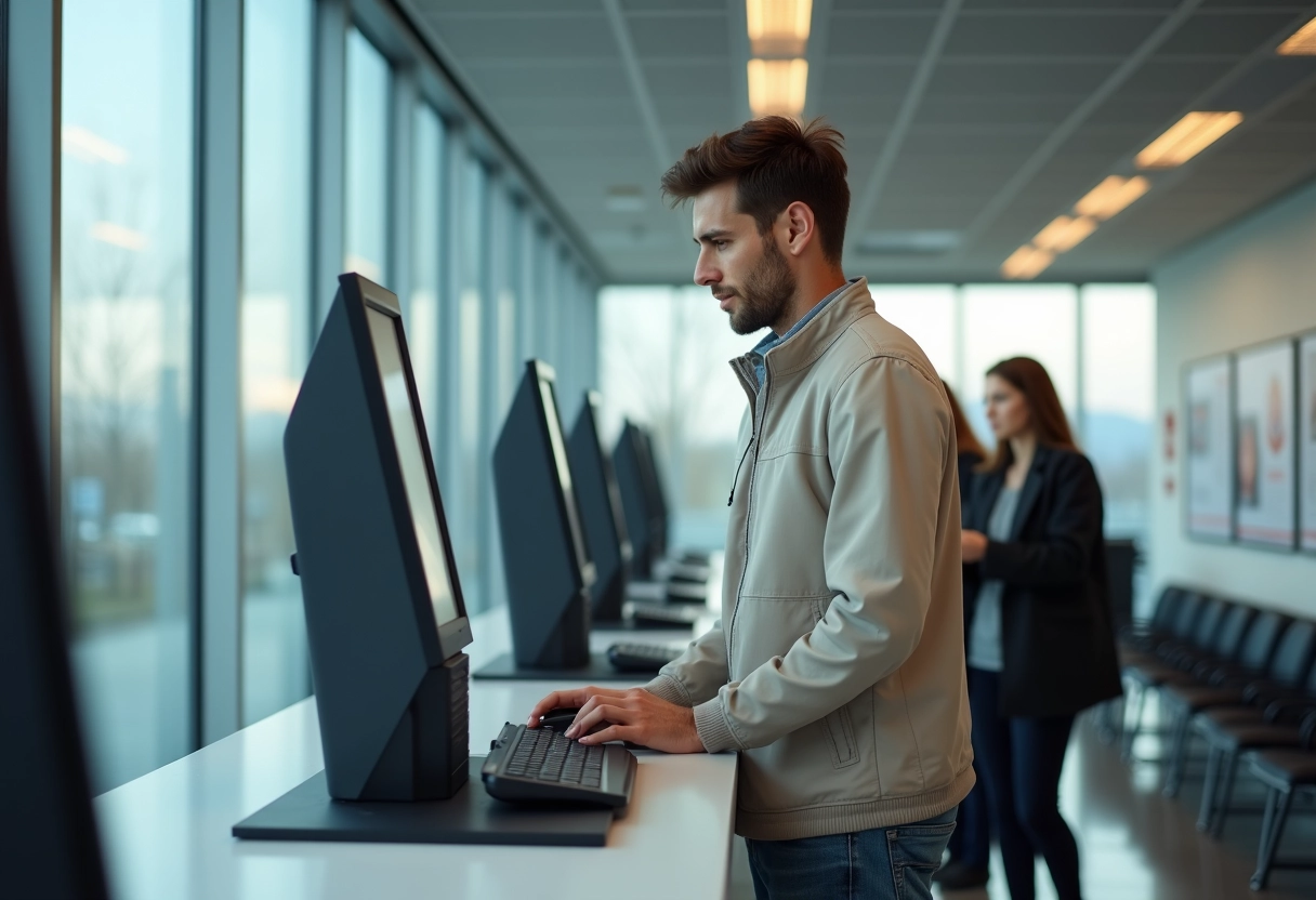 Jeune homme renouvelant un permis dans un bureau administratif