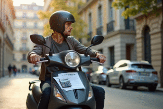 Jeune homme avec casque sur scooter en ville ensoleillee