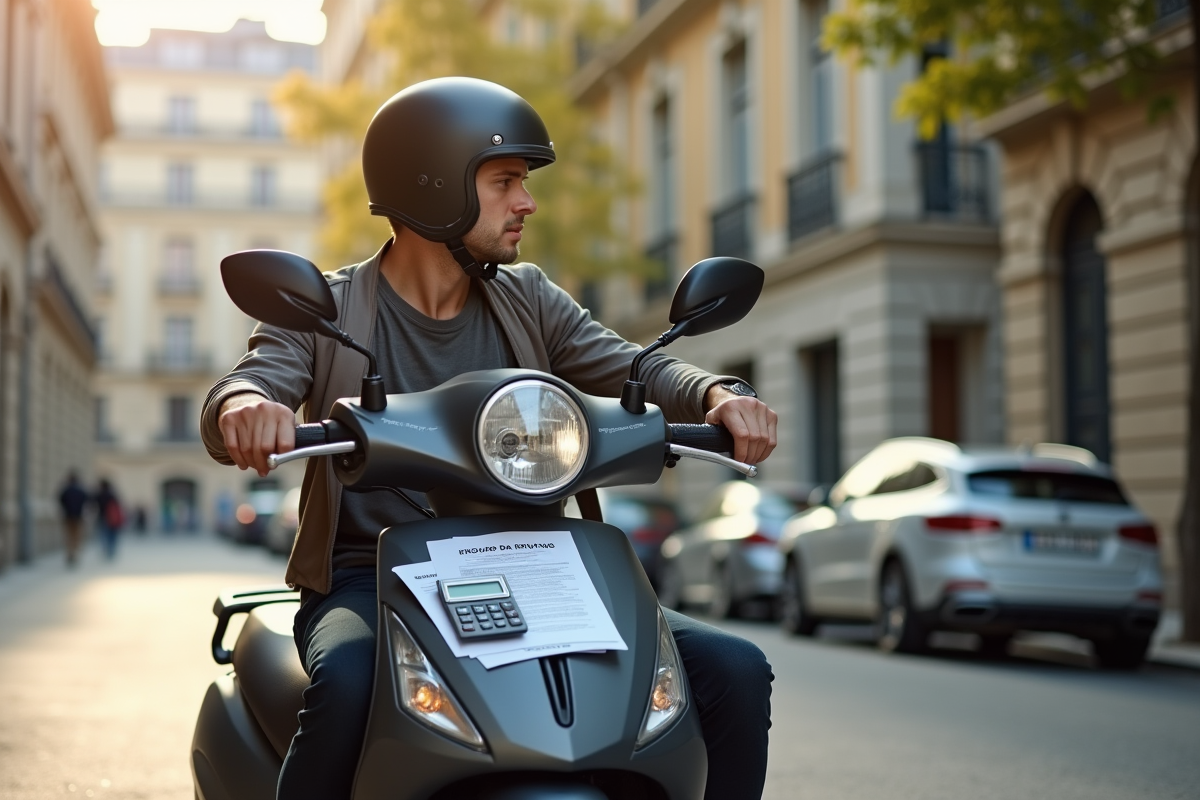 Jeune homme avec casque sur scooter en ville ensoleillee