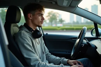 Jeune homme en streetwear dans une voiture électrique moderne