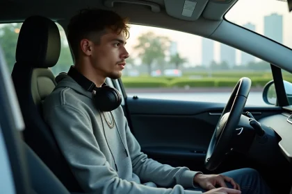 Jeune homme en streetwear dans une voiture électrique moderne