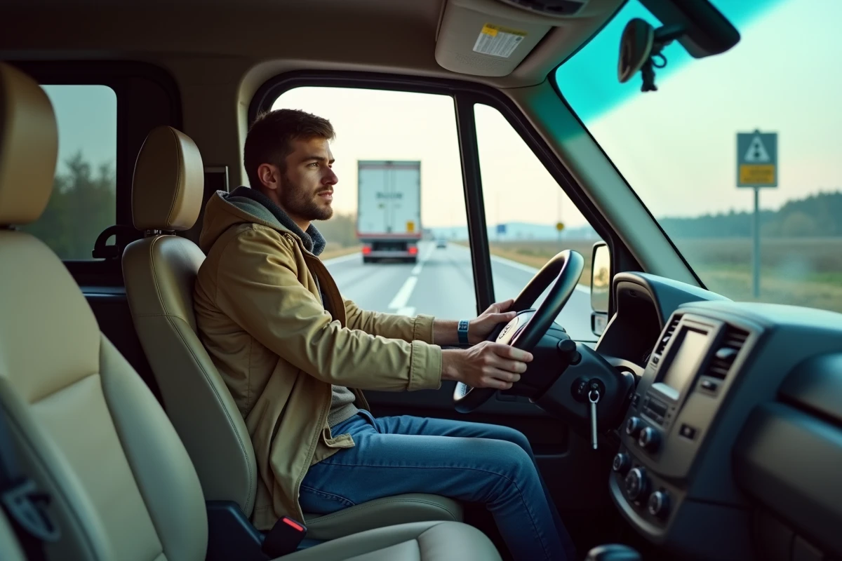Jeune homme entrant dans un camping-car moderne