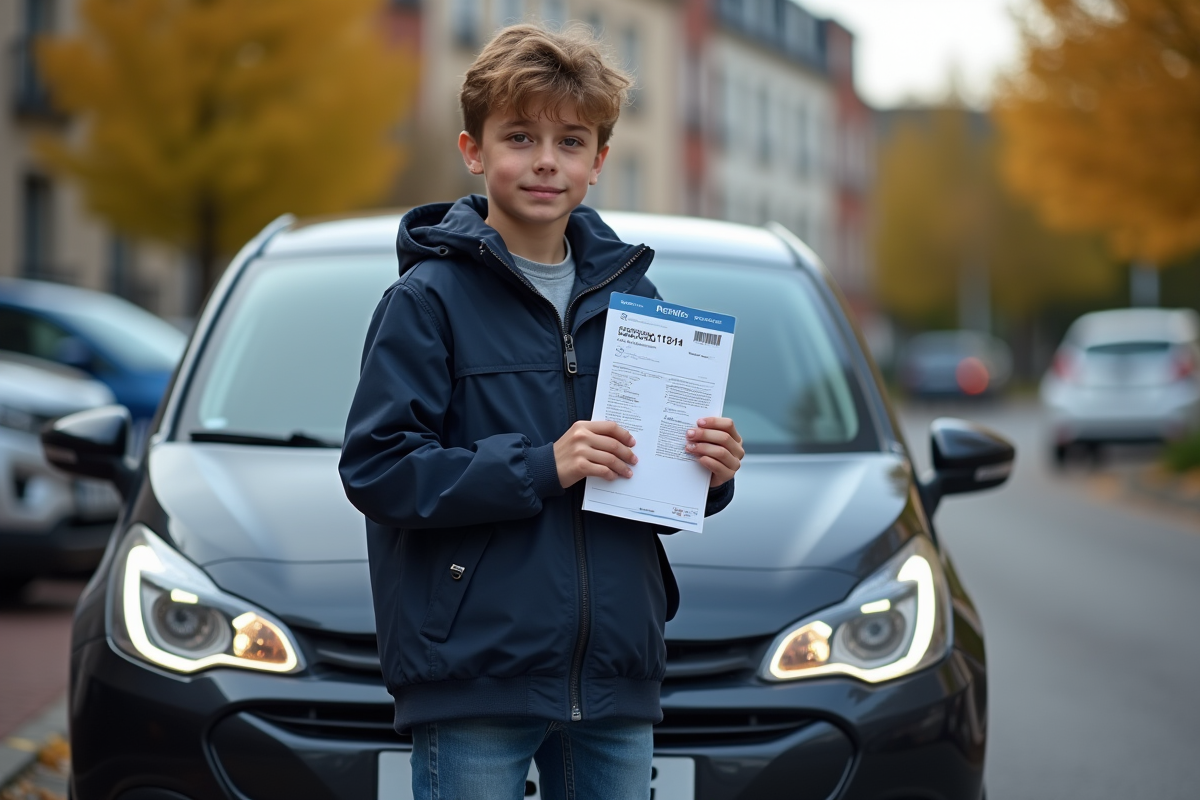 Adolescent avec permis de conduire et voiture en extérieur