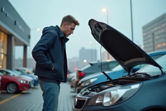 Jeune homme examine le moteur d'une voiture d'occasion