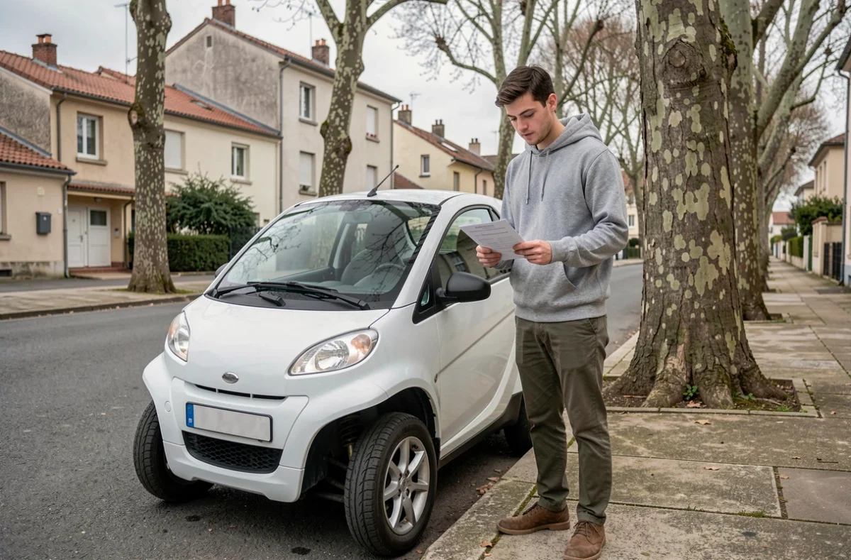 Jeune homme consultant des documents réglementaires à côté d'une voiture sans permis dans une rue résidentielle