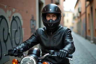 Jeune motard en veste de cuir appuyé contre une moto 125cc dans une rue urbaine pavée