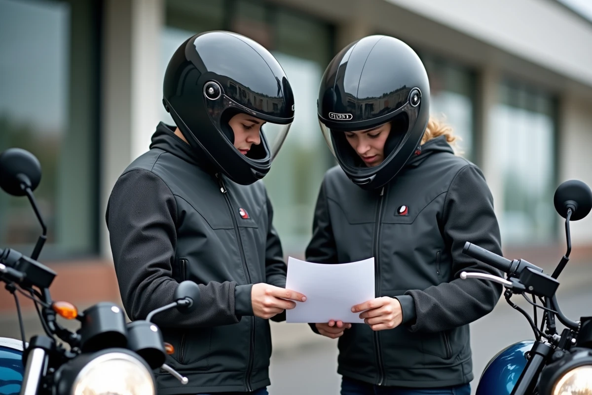 Deux jeunes motards consultant un document budgétaire devant des motos dans un parking de concession
