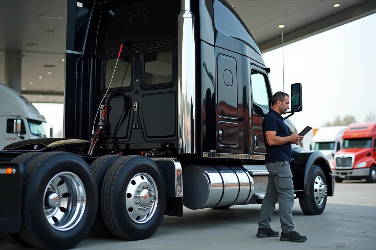 Kenworth W900 moderne noir au parking d'une station de camions, vue en contre-plongée avec une conductrice consultant une tablette