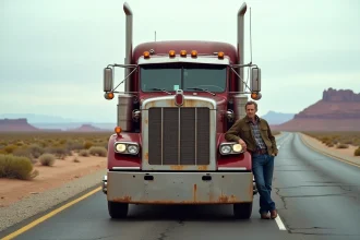 Kenworth W900A classique garé sur une route américaine désertique, vue trois quarts avant avec un chauffeur routier appuyé contre la cabine