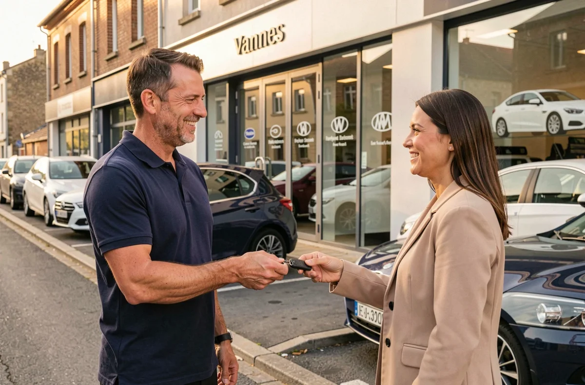Agent de Kerlann Automobiles à Vannes remettant les clés d'un véhicule de location à une cliente souriante