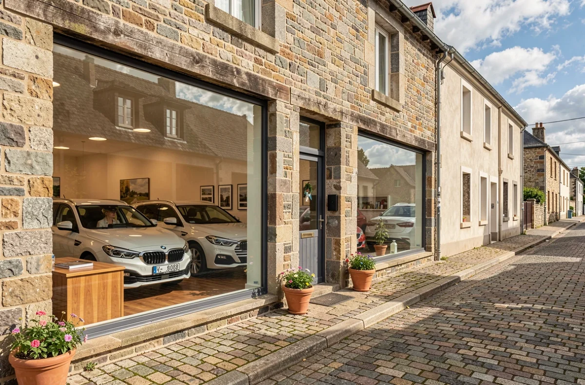 Façade de l'agence Kermorvant Automobiles à Auray avec salle d'exposition visible et rue bretonne pittoresque