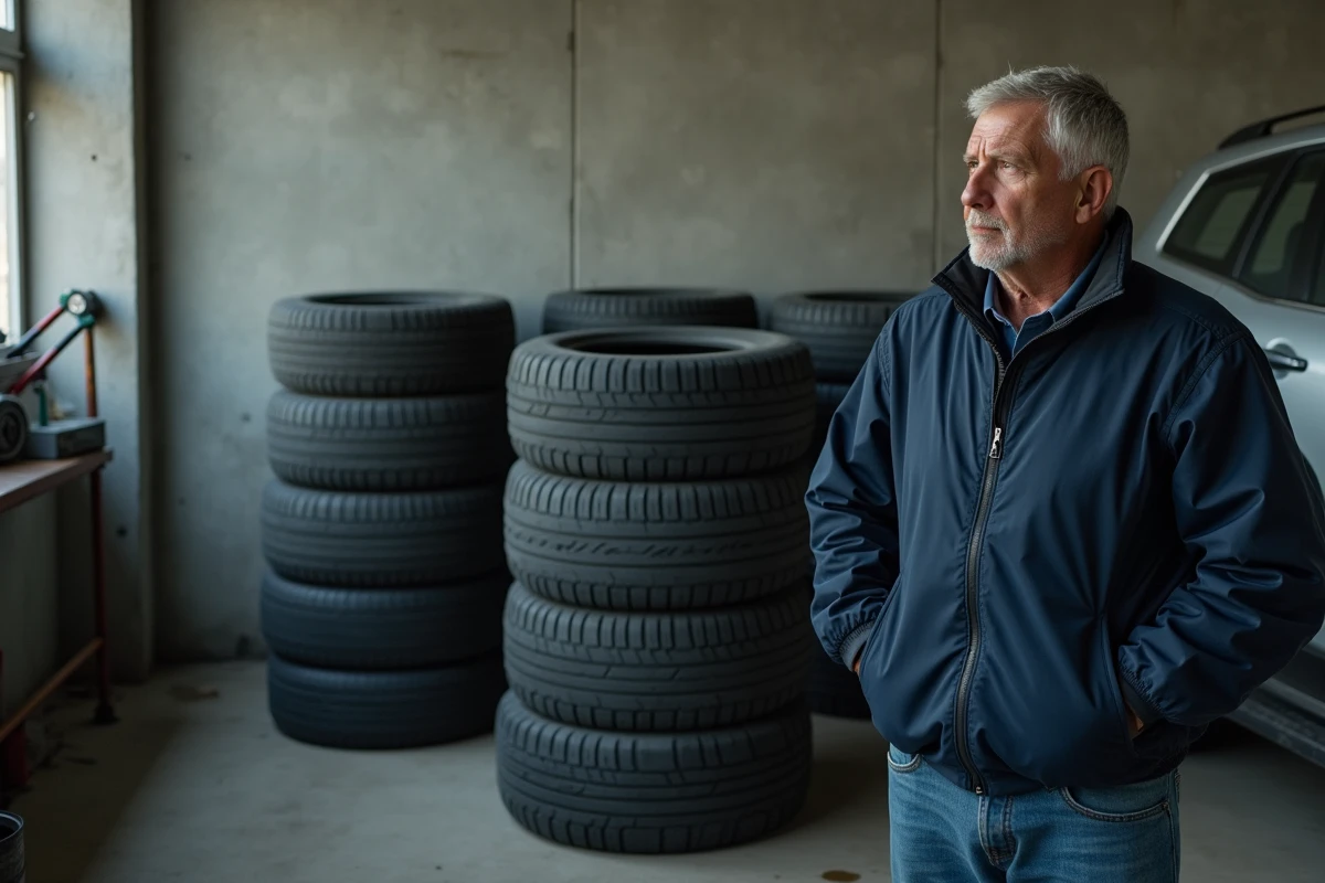 Client inspectant des pneus reçus après une commande en ligne dans un garage automobile, évaluant la conformité de sa livraison