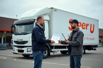 Un homme remettant des papiers à un agent de location à côté d'un camion Super U dans un parking de supermarché