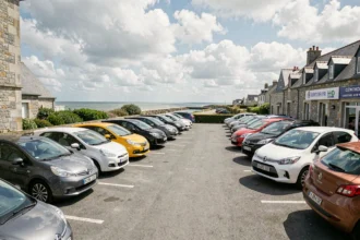 Parking d'une agence de location de voitures dans le Morbihan avec des véhicules alignés sous un ciel breton nuageux