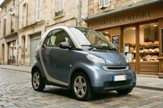 Location de voiture sans permis garée dans une rue pavée de Tarbes avec façades en pierre typiques du Sud-Ouest