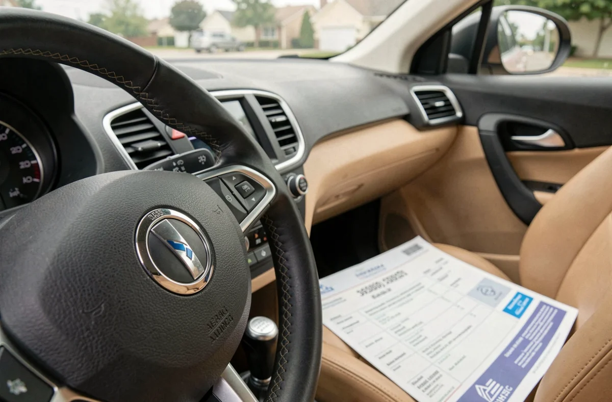 Gros plan sur le logo d'une marque automobile et des documents d'assurance posés sur le siège passager