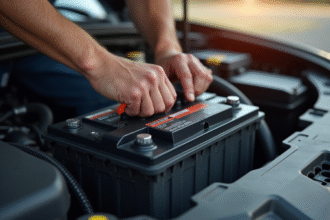 Mains installant une nouvelle batterie dans le compartiment moteur