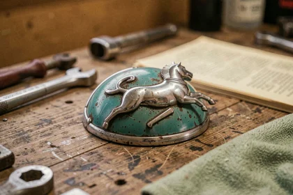 Mascotte chromée et emblème émaillé d'une ancienne voiture des années 1950, posés sur un établi en bois avec des outils de mécanicien vintage