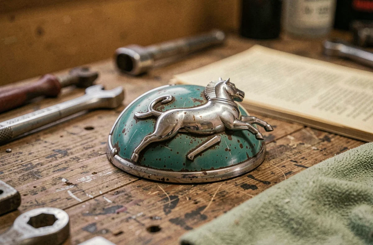 Mascotte chromée et emblème émaillé d'une ancienne voiture des années 1950, posés sur un établi en bois avec des outils de mécanicien vintage