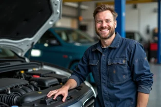 Mécanicien auto souriant dans son garage moderne