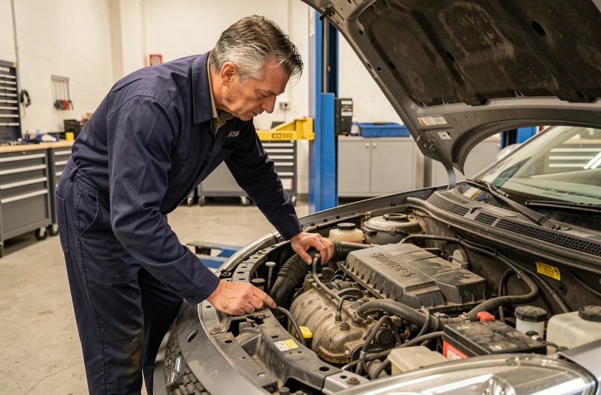 Mécanicien inspectant le moteur 1.3 DDiS d'une Suzuki Swift dans un garage indépendant