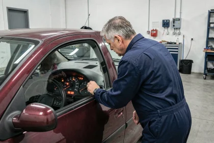 Mécanicien inspectant le tableau de bord d'une Renault Clio II lors d'un contrôle technique en garage
