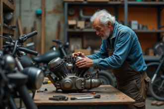 Mécanicien moto âgé inspectant un moteur dans son atelier