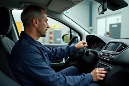 Mécanicien inspectant le tableau de bord d'une Peugeot 208