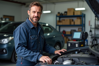 Mécanicien homme en overalls travaillant sur une Peugeot moderne dans un garage propre