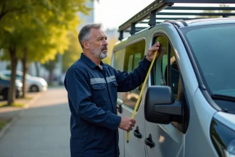 Mécanicien homme mesurant un van Renault Trafic