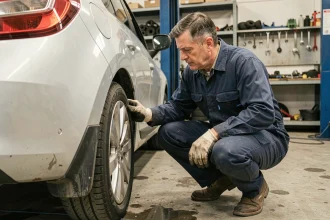 Mécanicien inspectant les marquages de pneu d'une Renault Clio dans un garage automobile pour vérifier la charge maximale