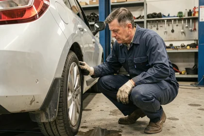 Mécanicien inspectant les marquages de pneu d'une Renault Clio dans un garage automobile pour vérifier la charge maximale
