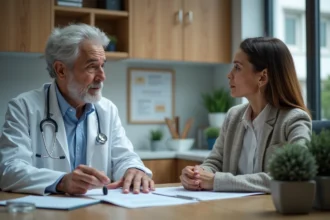 Médecin homme en consultation avec une femme dans un cabinet