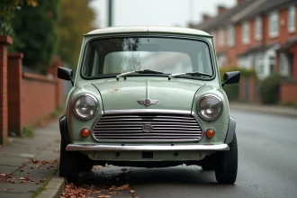 Mini voiture citadine d'occasion des années 90 garée dans une rue résidentielle, montrant une carrosserie usée avec de légères traces de rouille sur les passages de roues