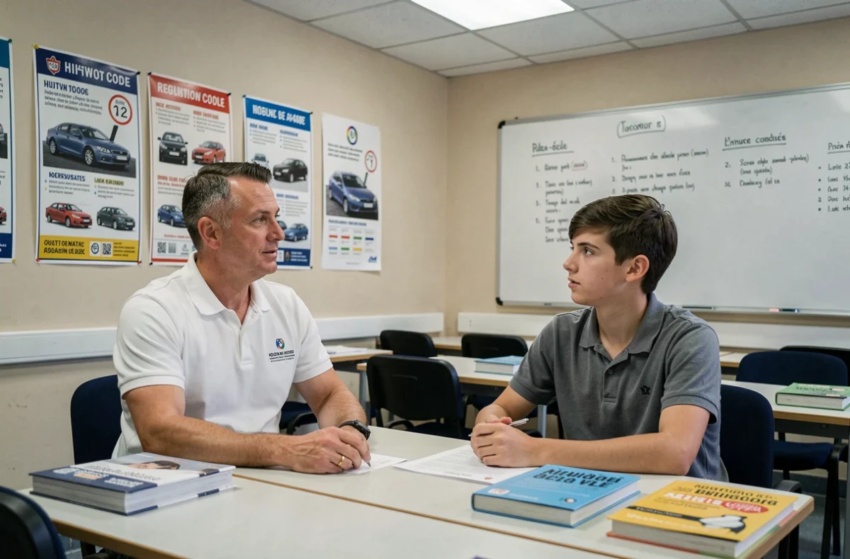 Moniteur d'auto-école expliquant le code de la route à un élève dans une salle de cours en France