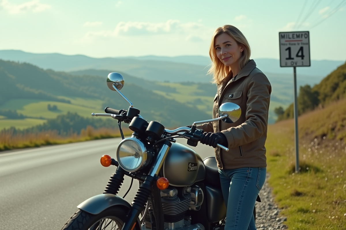 Femme motarde regardant son compteur sur une route de campagne