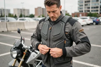 Motard portant un gilet airbag moto ajusté près d'une moto trail dans un parking urbain