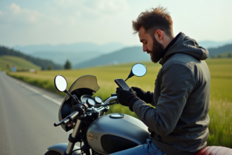 Motard homme à la moto en campagne vérifiant son smartphone