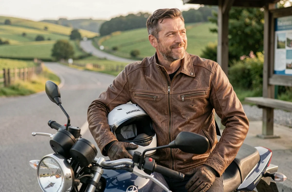 Motard en pause lors d'un essai longue durée Honda CB900 sur route de campagne