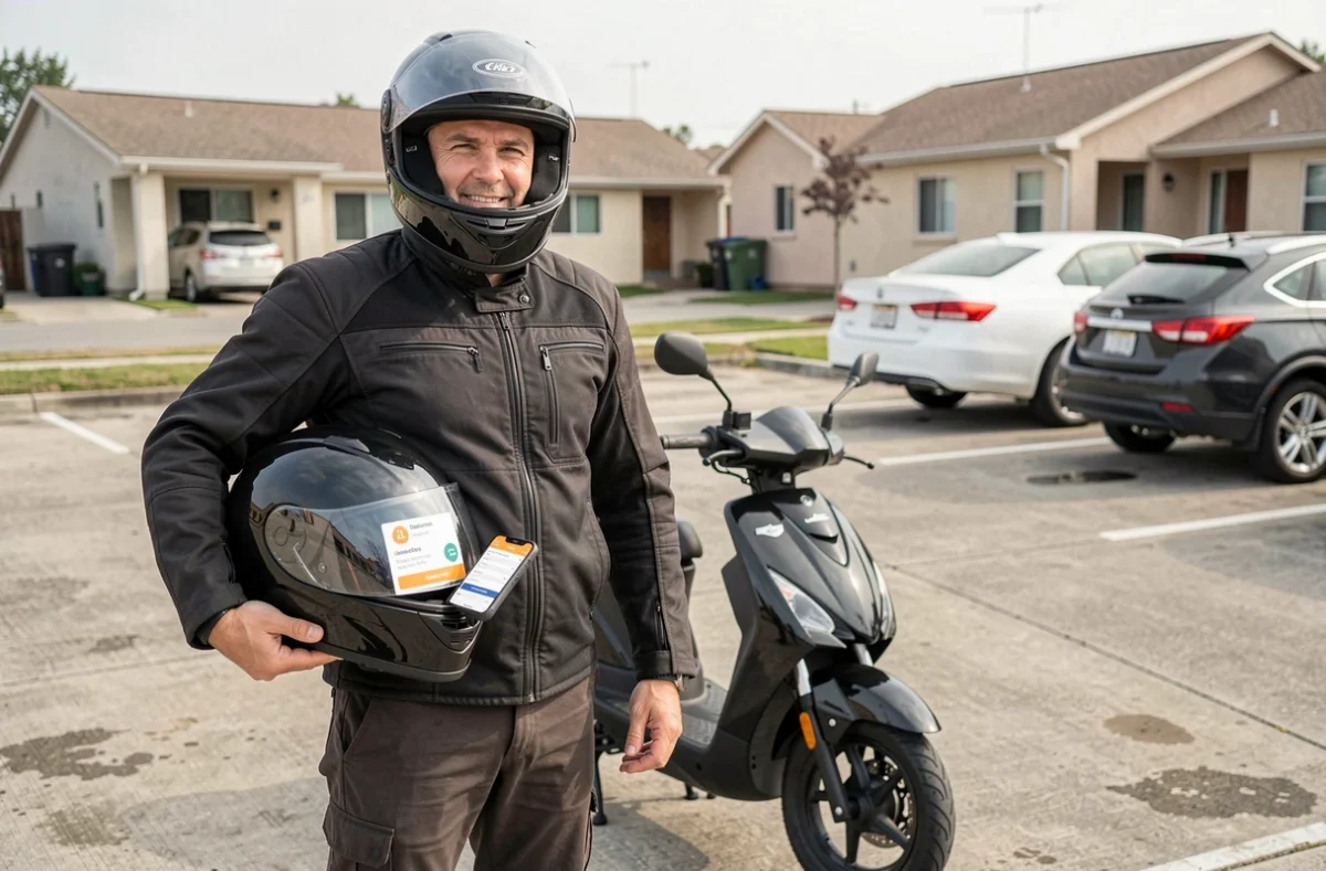 Motard debout près de son scooter 125cc noir consultant une application d'assurance sur smartphone dans un parking