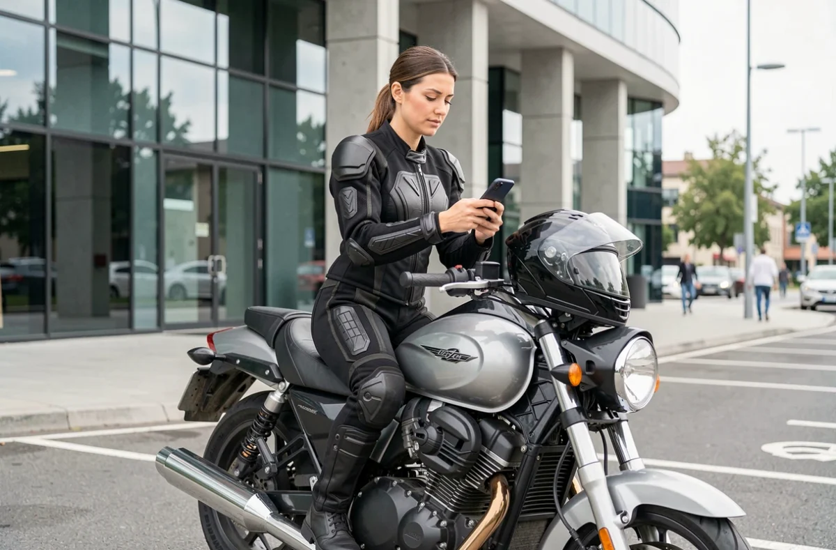 Femme motarde professionnelle devant un bâtiment d'entreprise avec sa moto assurée pour trajets professionnels