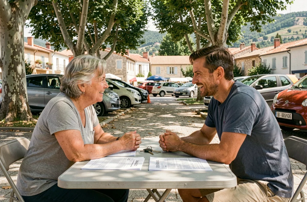 Négociation d'achat d'une voiture sans permis d'occasion lors d'une bourse automobile à Bastia